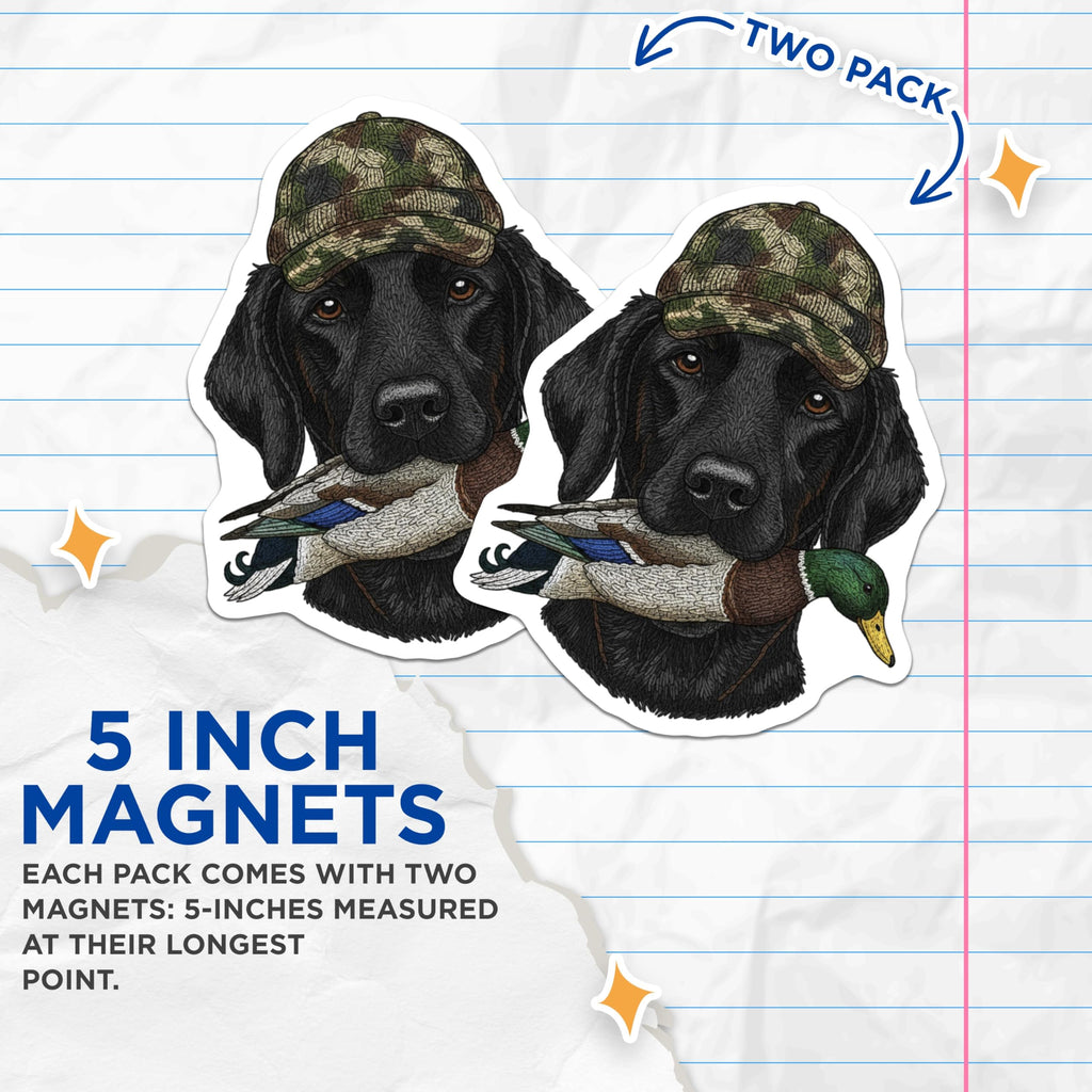 (2 Pack) Labrador Hunting Duck Magnets - Dog with Hat - Hunter Retriever Decor - 5" On Longest Side - Premium Magnet - for Cars, Refrigerators, Toolboxes, Lockers - Made in USA - MAG16512