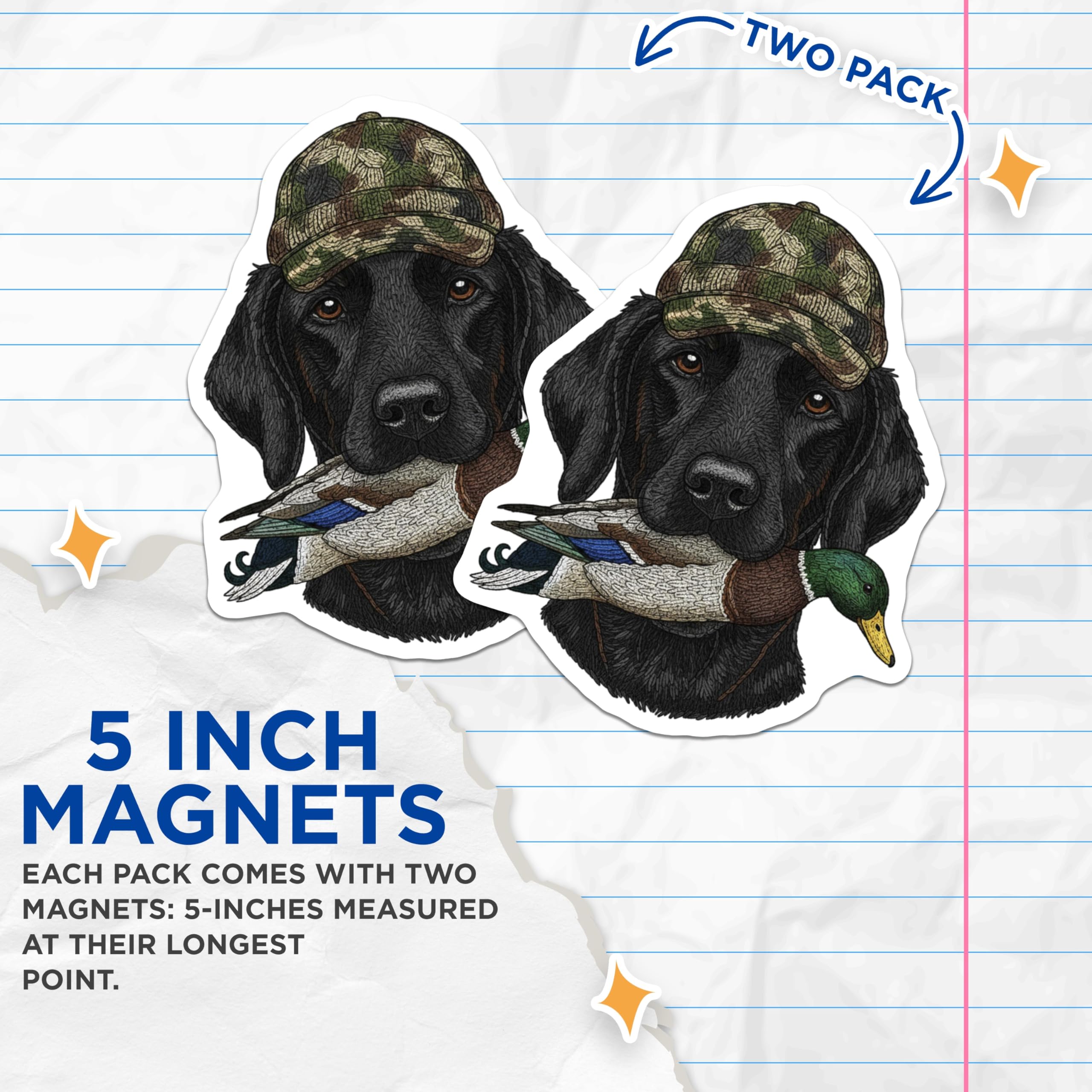 (2 Pack) Labrador Hunting Duck Magnets - Dog with Hat - Hunter Retriever Decor - 5" On Longest Side - Premium Magnet - for Cars, Refrigerators, Toolboxes, Lockers - Made in USA - MAG16512