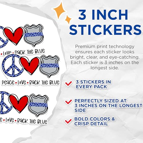 (3 Pack) Back The Blue Decals - Police Support Sticker - Peace Love Police Laptop Decals - 3 Inches On Longest Side - Easy Peel & Apply - Made in USA - 3MCS1227