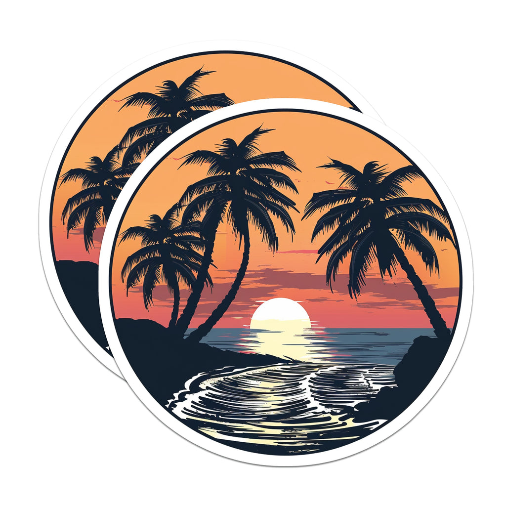 (2 Pack) Tropical Sunset Beach Magnets - Palm Tree Ocean Scene Art - Summer Vacation Refrigerator Decor Aesthetic - 5 Inches On Longest Side - Thick Durable Magnet - Made in USA - MAG39592