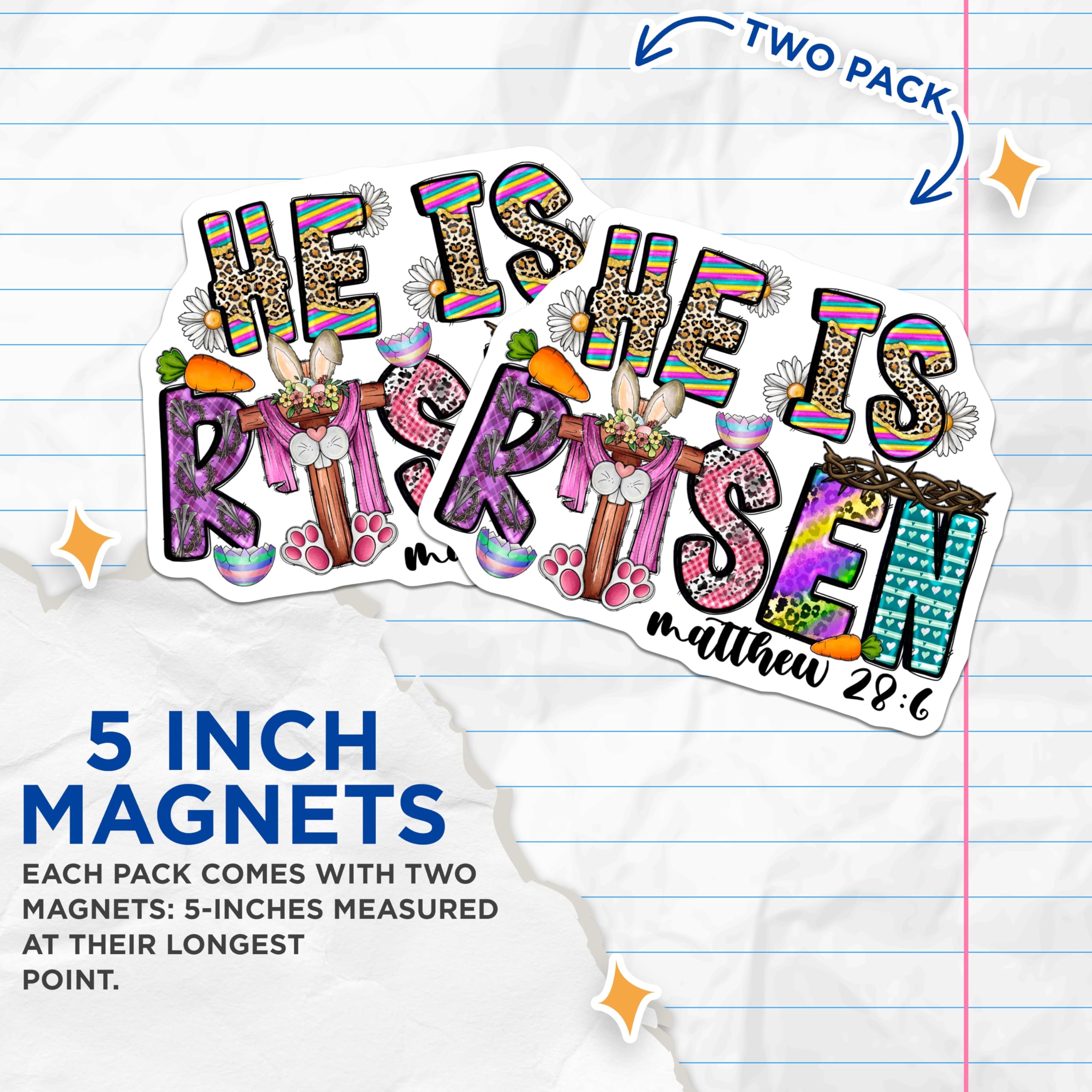 (2 Pack) He is Risen Magnets - Christian Easter Decor - Faith Bunny Cross Leopard Print - 5 Inches On Longest Side - Thick Durable Magnet - Made in USA - MAG25969