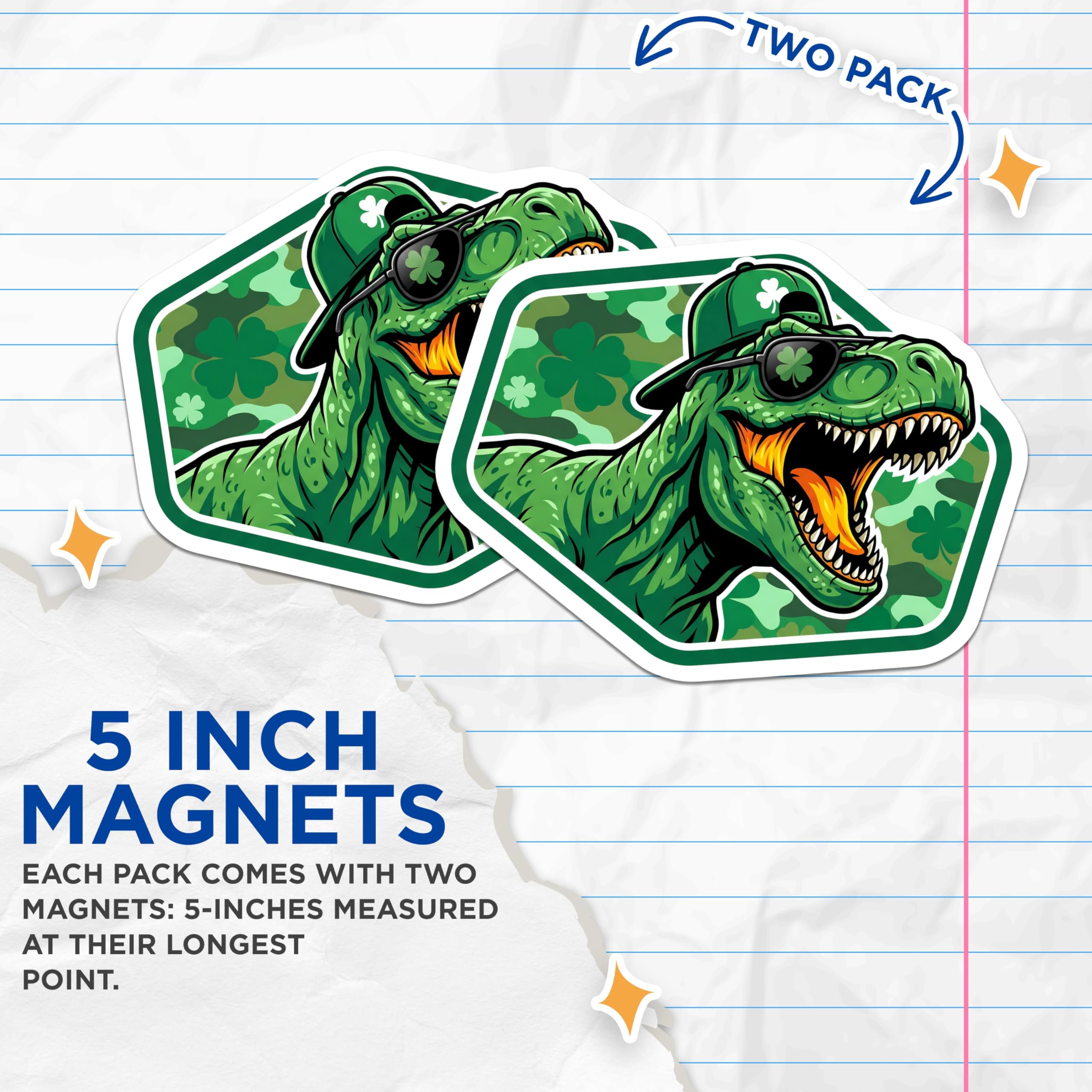 (2 Pack) Dinosaur Magnets - St Patricks Day - T Rex Shamrock Accessories - 5" On Longest Side - Premium Magnet - for Cars, Refrigerators, Toolboxes, Lockers - Made in USA - MAG16726