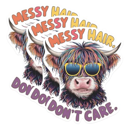 (3 Pack) Messy Hair Highland Cow Decals - Funny Animal - Laptop Decal - 3 Inches On Longest Side - Easy Peel & Apply - Made in USA - 3MCS0910