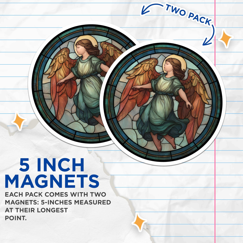 (2 Pack) Angel Art Magnets - Stained Glass Look - Guardian Angel Decor - 5" On Longest Side - Premium Magnet - for Cars, Refrigerators, Toolboxes, Lockers - Made in USA - MAG14706