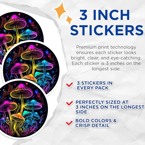 (3 Pack) Mushroom Decals - Psychedelic Art Stickers - Trippy Laptop Decals- 3 Inches On Longest Side - Easy Peel & Apply - Made in USA - 3MCS5550