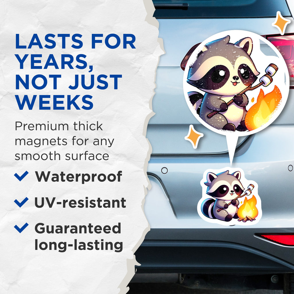 (2 Pack) Cute Raccoon Roasting Marshmallow Magnets - Cozy Campfire Animal - Woodland Critter Decor - Outdoor Adventure Fridge Magnet - 5" - Durable Magnet - Made in USA - MAG38356