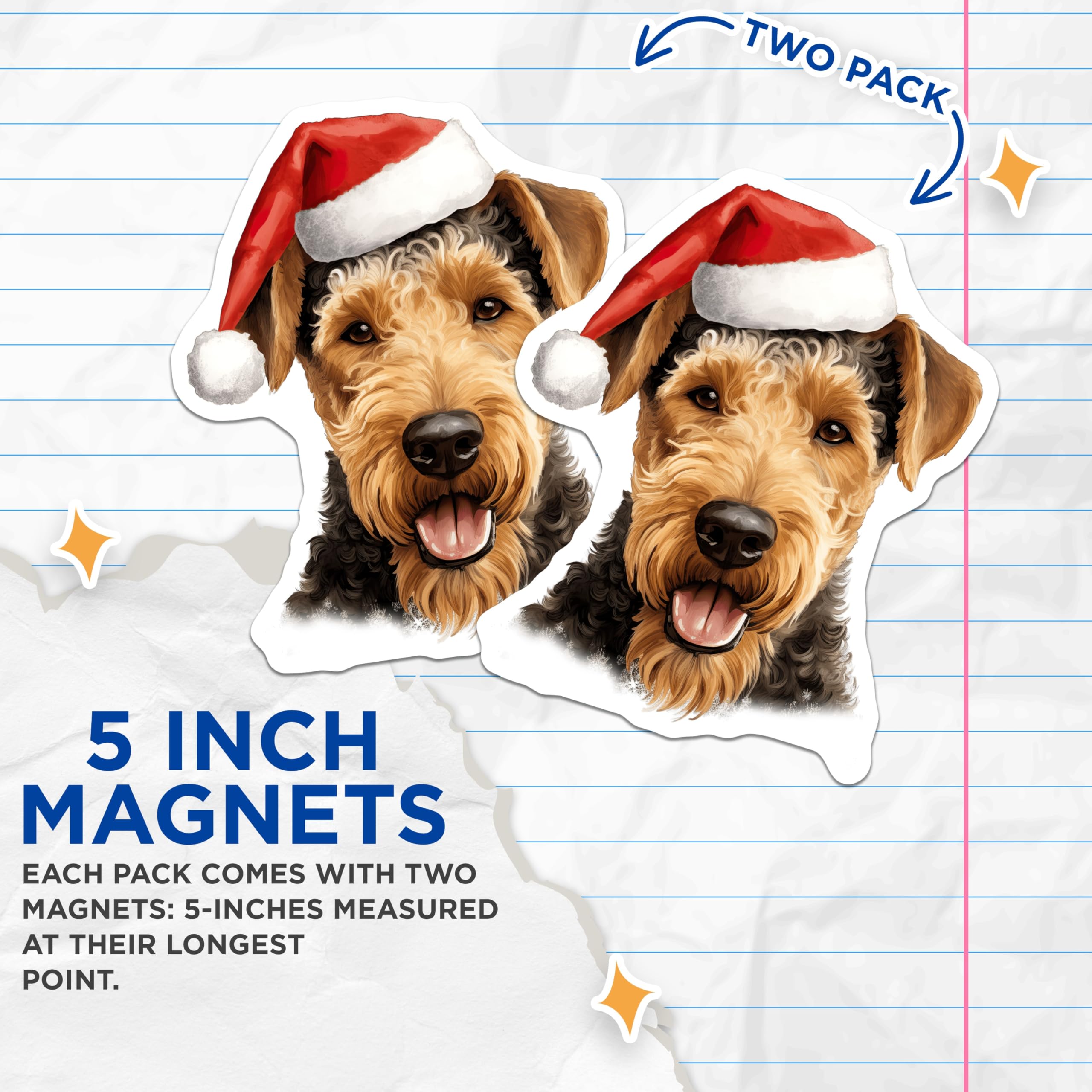(2 Pack) Airedale Terrier Magnets - Christmas Dog Decor - Holiday Pet Portrait Refrigerator Magnets - 5 Inches On Longest Side - Thick Durable Magnet - Made in USA - MAG26276