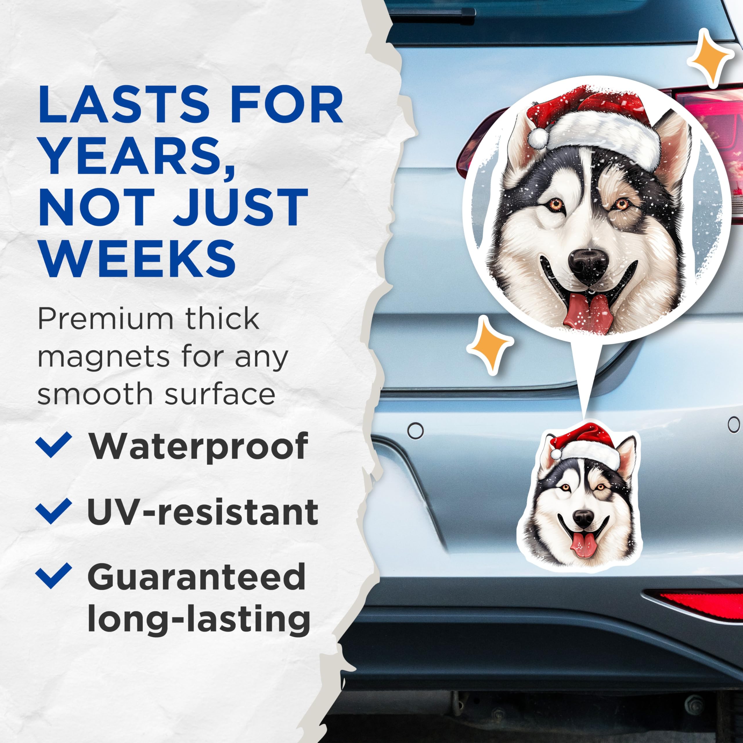(2 Pack) Christmas Husky Magnets - Santa Hat Dog Magnet - Festive Animal Decor for Refrigerator - 5 Inches On Longest Side - Thick Durable Magnet - Made in USA - MAG29328