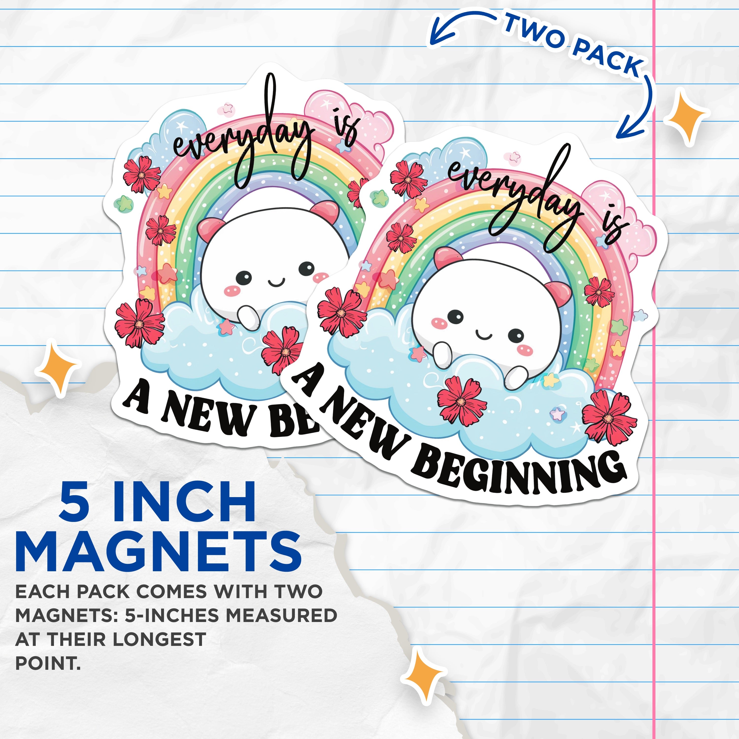 (2 Pack) Kawaii Rainbow Cloud Magnets - Positive Affirmation Decor - New Beginning Inspiration - Cute Locker Fridge Decor - 5 Inches On Longest Side - Thick Durable Magnet - Made in USA - MAG36416