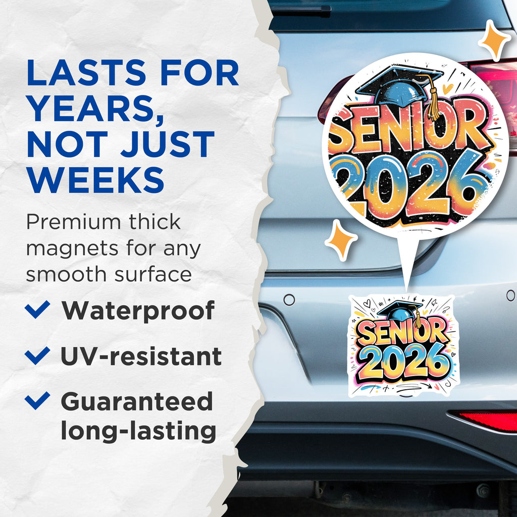 (2 Pack) Senior 2026 Magnets - Class of 2026 Graduation Decor - High School College Student Pride - 5 Inches On Longest Side - Thick Durable Magnet - Made in USA - MAG37288