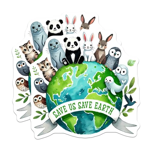 (2 Pack) Save Us Save Earth Stickers - Cute Animal - Eco-Friendly - 5" On Longest Side - Sticks to Smooth Flat Surfaces - Made in USA - BMCS7701
