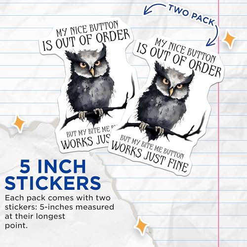 (2 Pack) My Nice Button is Out of Order Stickers - Funny Owl - Sarcastic Quote - 5" On Longest Side - Sticks to Smooth Flat Surfaces - Made in USA - BMCS7729