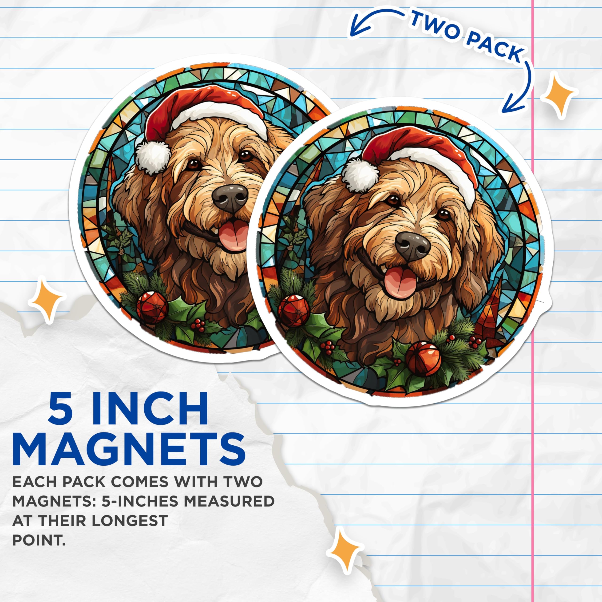 (2 Pack) Goldendoodle Christmas Magnets - Stained Glass Dog Decor - Santa Hat Holiday Doodle - 5 Inches On Longest Side - Thick Durable Magnet - Made in USA - MAG28117