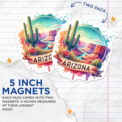 (2 Pack) Arizona Sunset Magnets - Desert Landscape - Colorful Arizona Mountains - Cactus Art - 5" On Longest Side - for Cars, Fridges, Toolboxes - Made in USA - MAG6814