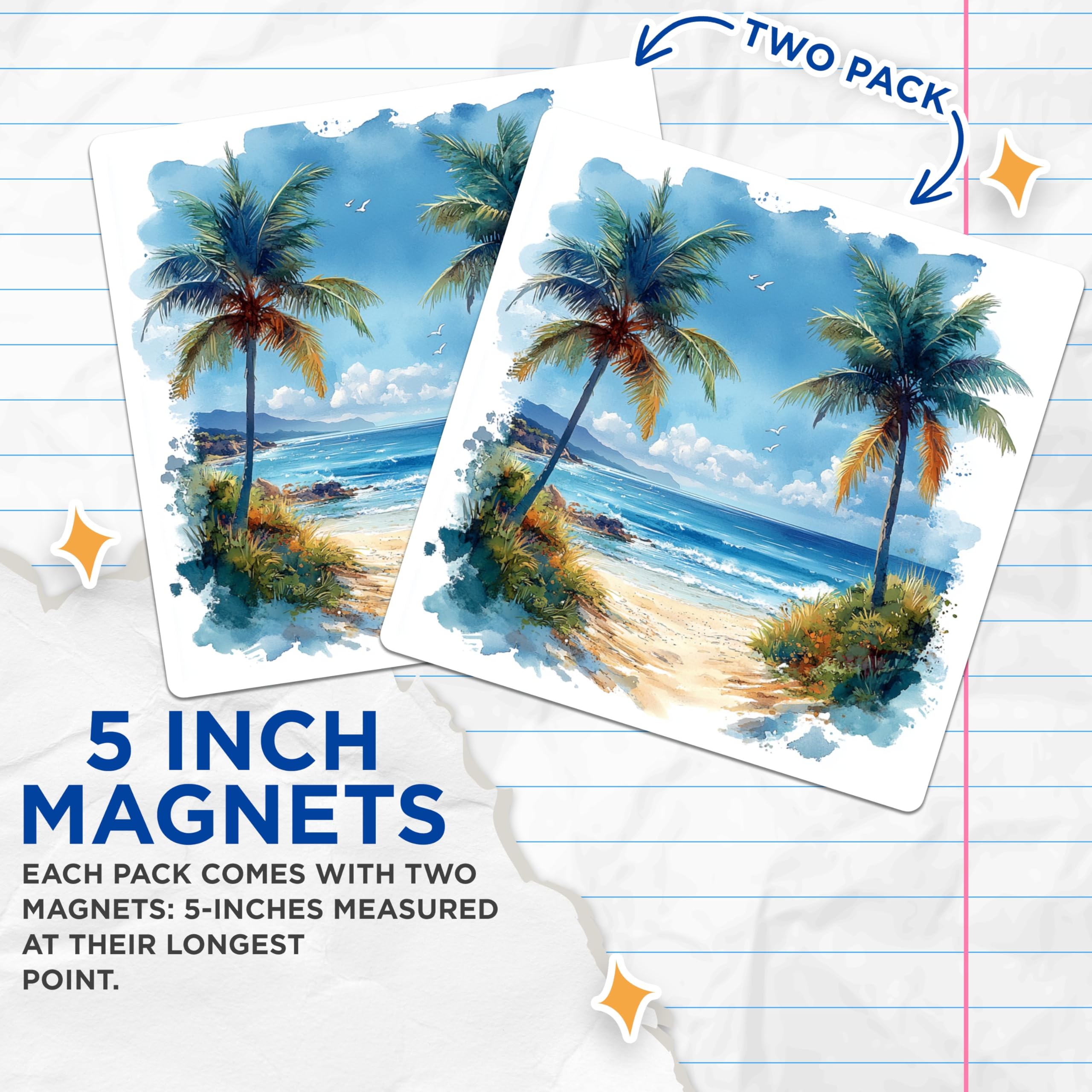 (2 Pack) Watercolor Beach Magnets - Tropical Palm Tree Ocean Scene - Coastal Home Decor - Summer Vacation Souvenir - 5 Inches On Longest Side - Thick Durable Magnet - Made in USA - MAG25009