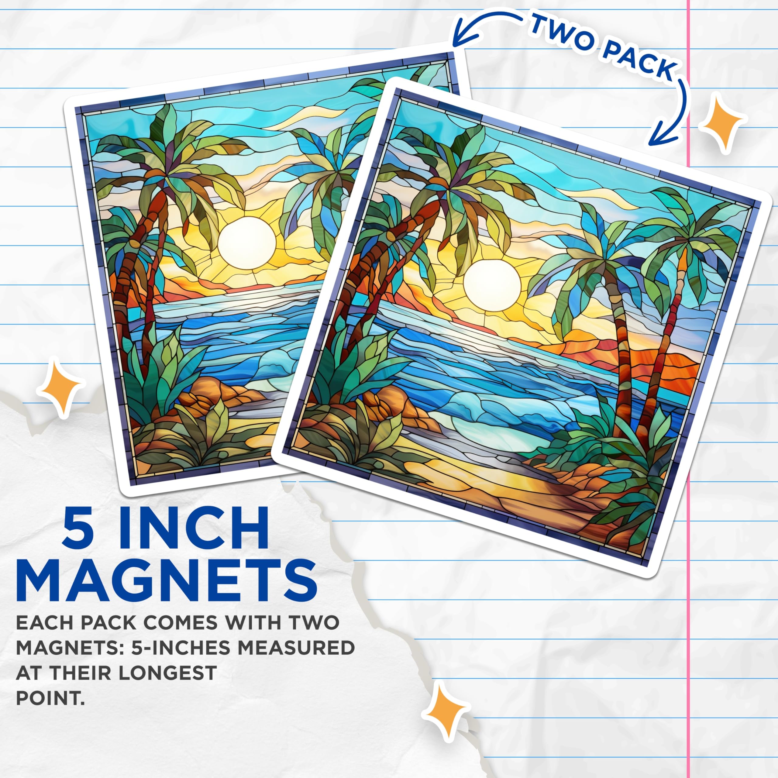(2 Pack) Stained Glass Tropical Magnets - Palm Tree Beach Scene - Ocean Sunset Vibe - Coastal Refrigerator Decor - 5 Inches On Longest Side - Thick Durable Magnet - Made in USA - MAG30282
