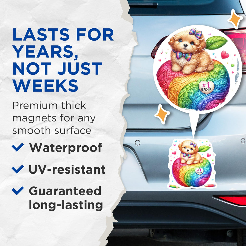 (2 Pack) Teacher Magnets - Puppy Classroom Decor - Rainbow Apple Fridge Magnets - 5" On Longest Side - Premium Magnet - for Cars, Refrigerators, Toolboxes, Lockers - Made in USA - MAG14851