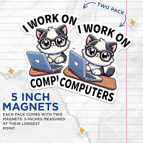 (2 Pack) Cute Cat Working on Computer Magnets - 5" On Longest Side - for Cars, Fridges, Toolboxes - Made in USA - MAG7433
