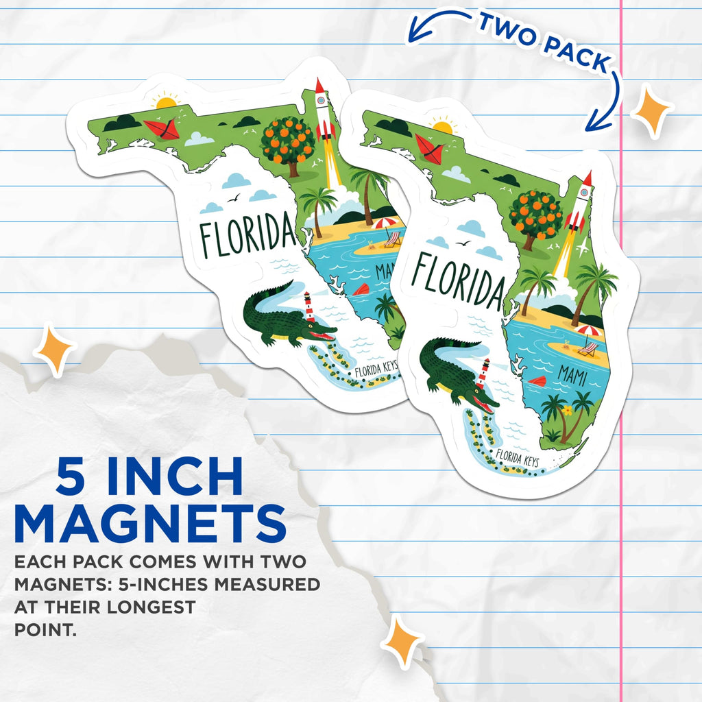 (2 Pack) Florida Map Magnets - Alligator Beach Decor - Sunshine State Souvenir - Miami Keys Art - Space Coast Citrus - 5 Inches On Longest Side - Thick Durable Magnet - Made in USA - MAG19409