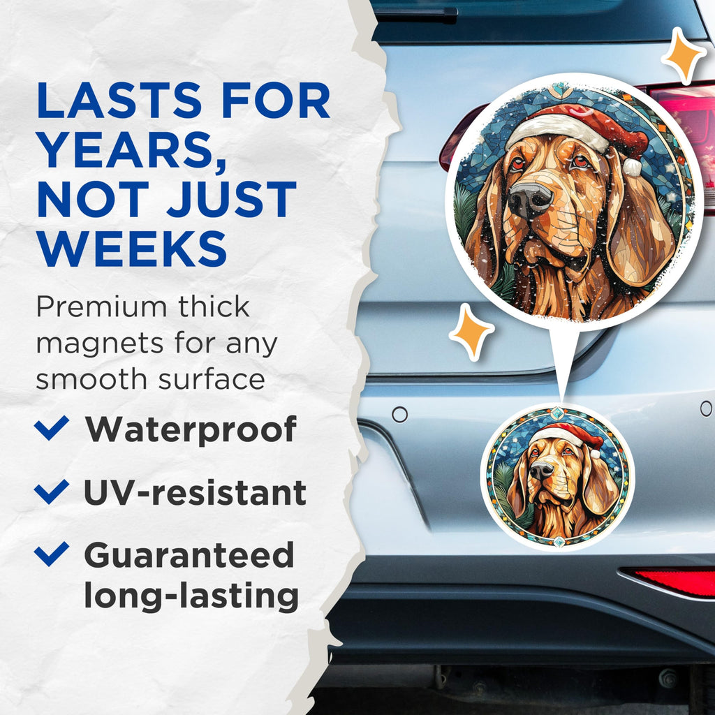 (2 Pack) Bloodhound Christmas Magnets - Stained Glass Dog Decor - Pet Lover Holiday Stocking Stuffer - 5 Inches On Longest Side - Thick Durable Magnet - Made in USA - MAG29338