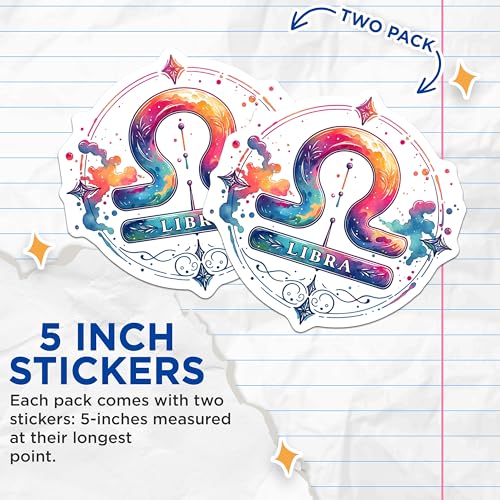 (2 Pack) Libra Zodiac Stickers - Astrology Sign - Horoscope Art - 5" On Longest Side - Sticks to Smooth Flat Surfaces - Made in USA - BMCS6818