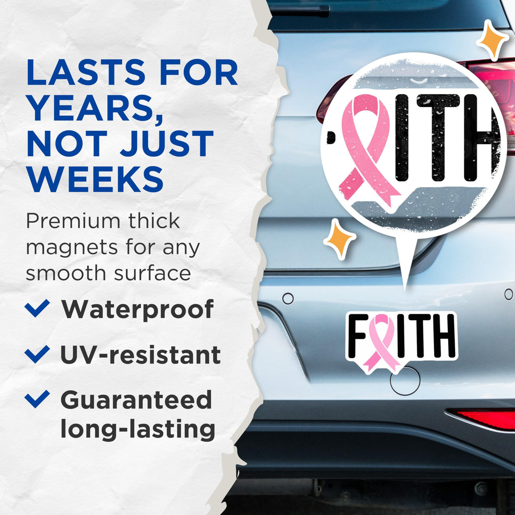 (2 Pack) Faith Pink Ribbon Magnets - Breast Cancer Awareness Support - Inspirational Hope Survivor Decor - 5 Inches On Longest Side - Thick Durable Magnet - Made in USA - MAG20703