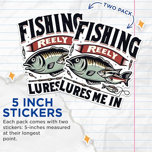 (2 Pack) Fishing Reely Lures Me in Stickers - Funny Fishing Stickers - Fishing Lover Stickers - Outdoor Fishing Decal - 5" On Longest Side - Sticks to Any Smooth Flat Surface - Made in USA - BMCS2617