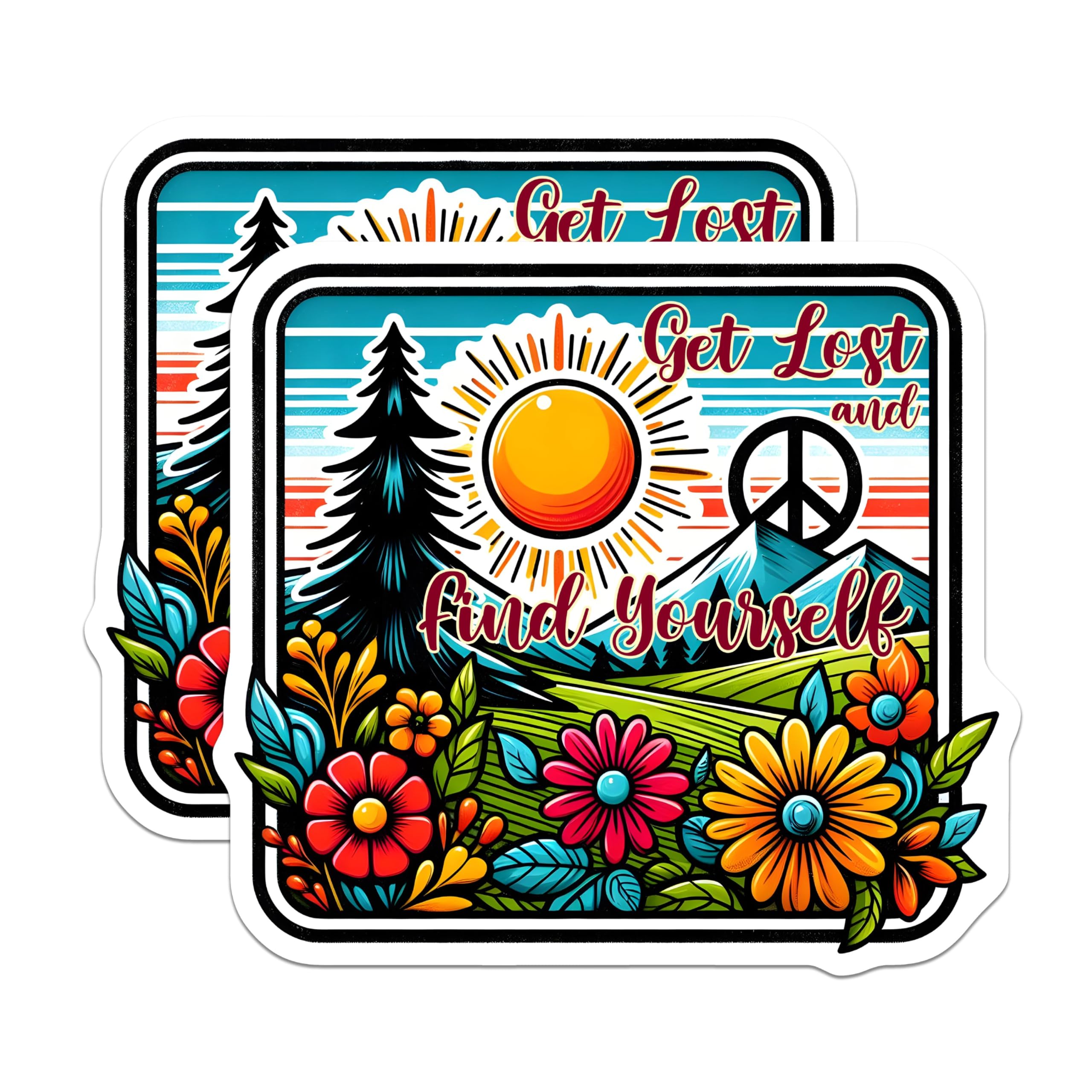 (2 Pack) Get Lost and Find Yourself Stickers - Nature Adventure Stickers - Inspirational Travel Stickers - 5" On Longest Side - Sticks to Any Smooth Flat Surface - Made in USA - BMCS3273
