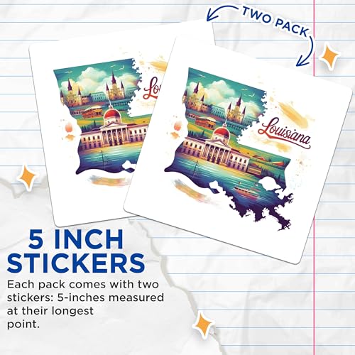 (2 Pack) Louisiana State Map Stickers - Watercolor Louisiana Landmark Stickers - Travel Souvenir Stickers - 5" On Longest Side - Sticks to Smooth Flat Surfaces - Made in USA - BMCS5153