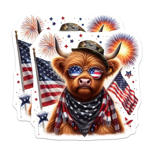 (2 Pack) Patriotic Highland Cow Stickers - Independence Day - USA Flag - Funny Animal - Cute Highland Cow - 5" On Longest Side - Sticks to Smooth Flat Surfaces - Made in USA - BMCS6350