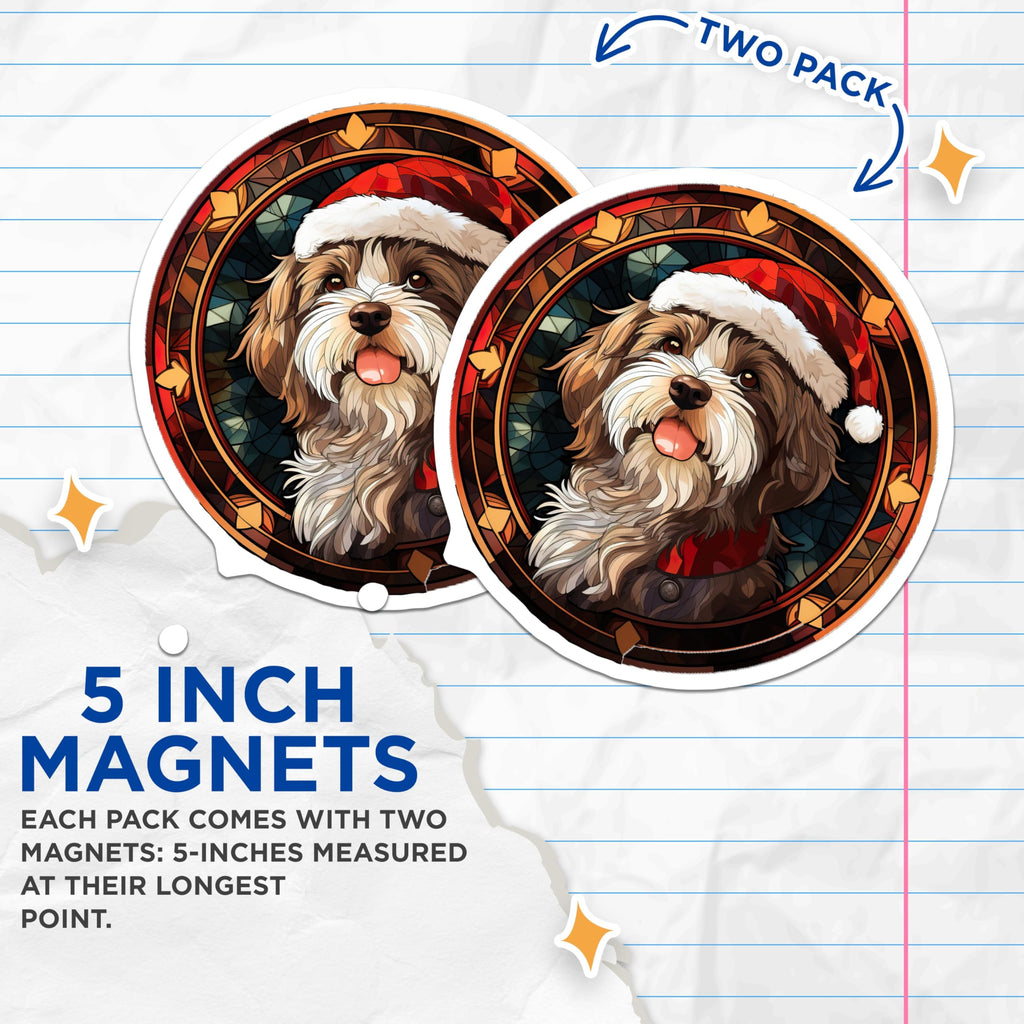 (2 Pack) Christmas Dog Magnets - Santa Hat Puppy Decor - Stained Glass Pet Lover Magnets - 5 Inches On Longest Side - Thick Durable Magnet - Made in USA - MAG28009