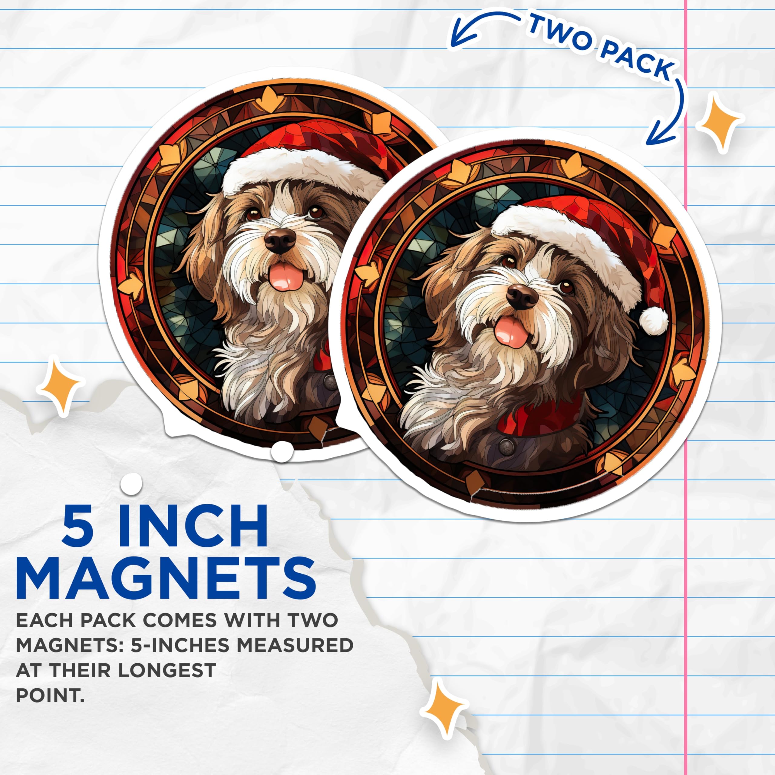 (2 Pack) Christmas Dog Magnets - Santa Hat Puppy Decor - Stained Glass Pet Lover Magnets - 5 Inches On Longest Side - Thick Durable Magnet - Made in USA - MAG28009