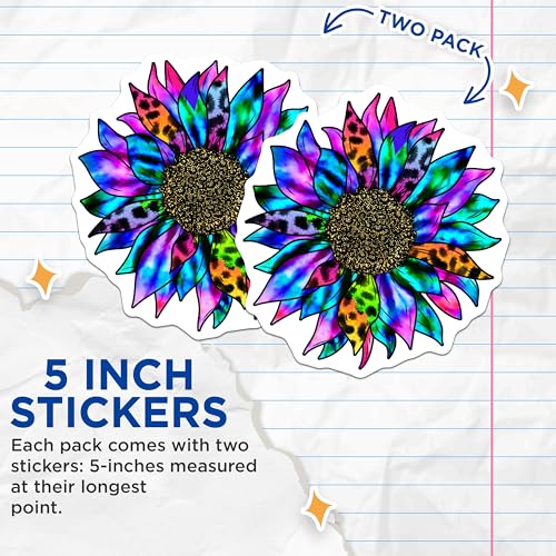 (2 Pack) Colorful Sunflower Stickers - Bright Flower Decal - Garden Lover Sticker - 5" On Longest Side - Sticks to Smooth Flat Surfaces - Made in USA - BMCS5720