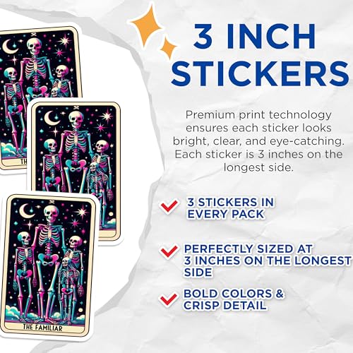 (3 Pack) Tarot Card Decals - Skeletons The Familiar - Laptop Decals - 3 Inches On Longest Side - Easy Peel & Apply - Made in USA - 3MCS4174