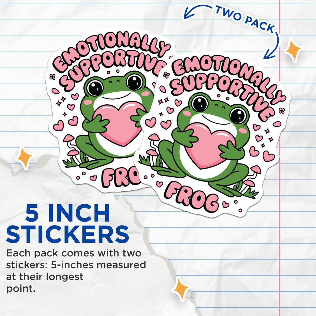(2 Pack) Emotional Support Frog Stickers - Cute Frog - Funny Stickers- 5" On Longest Side - Sticks to Smooth Flat Surfaces - Made in USA - BMCS16563