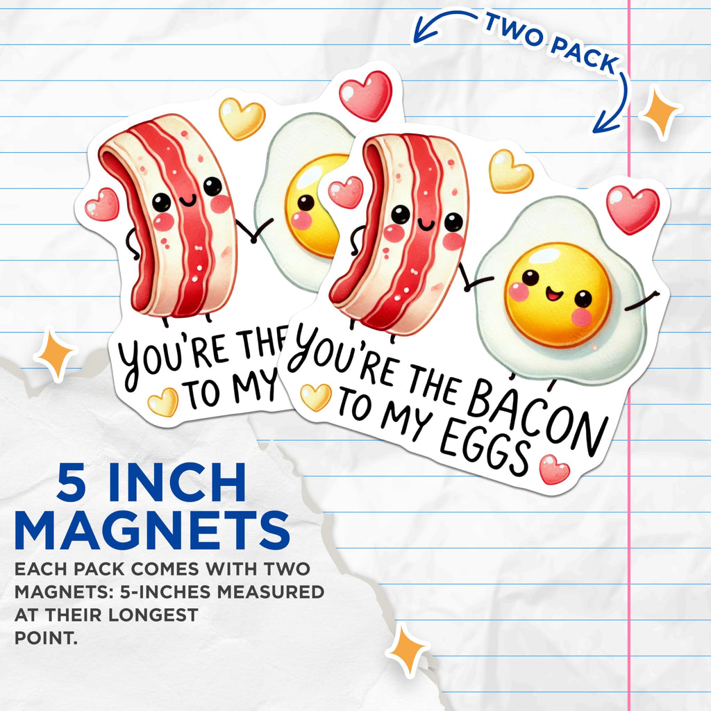 (2 Pack) Cute Bacon and Eggs Magnets - Funny Kitchen Magnets - Food Pun Magnets - 5" On Longest Side - for Cars, Refrigerators, Toolboxes, Lockers - Made in USA BMCS3352