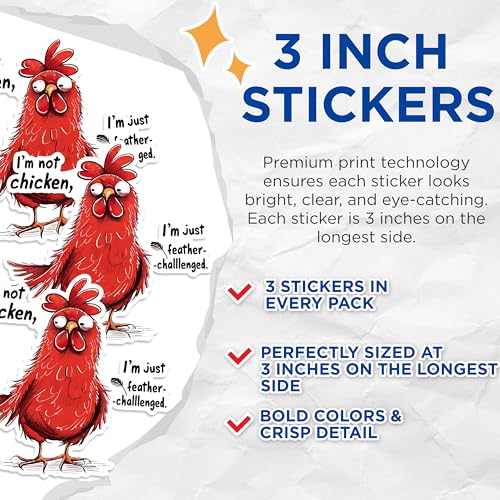 (3 Pack) Funny Chicken Decals - Feather Challenged Rooster - Cartoon Bird Laptop Decal - 3 Inches On Longest Side - Easy Peel & Apply - Made in USA - 3MCS1461