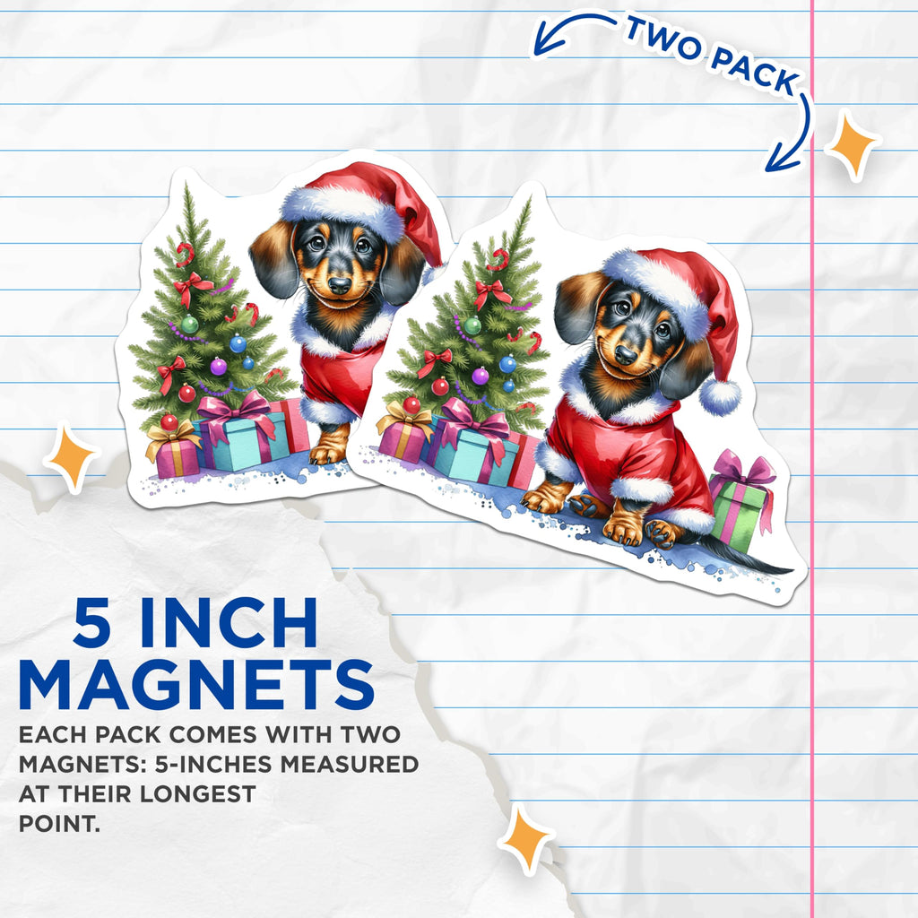 (2 Pack) Christmas Dachshund Magnets - Holiday Wiener Dog - Pet Lover Fridge Decor - 5 Inches On Longest Side - Thick Durable Magnet - Made in USA - MAG28326