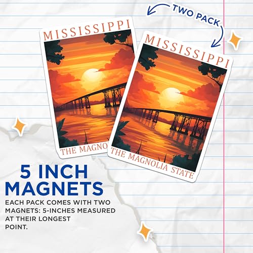(2 Pack) Mississippi State Magnets - Magnolia Decor - Sunset Bridge Souvenirs - 5" On Longest Side - Premium Magnet - for Cars, Refrigerators, Toolboxes, Lockers - Made in USA - MAG18550