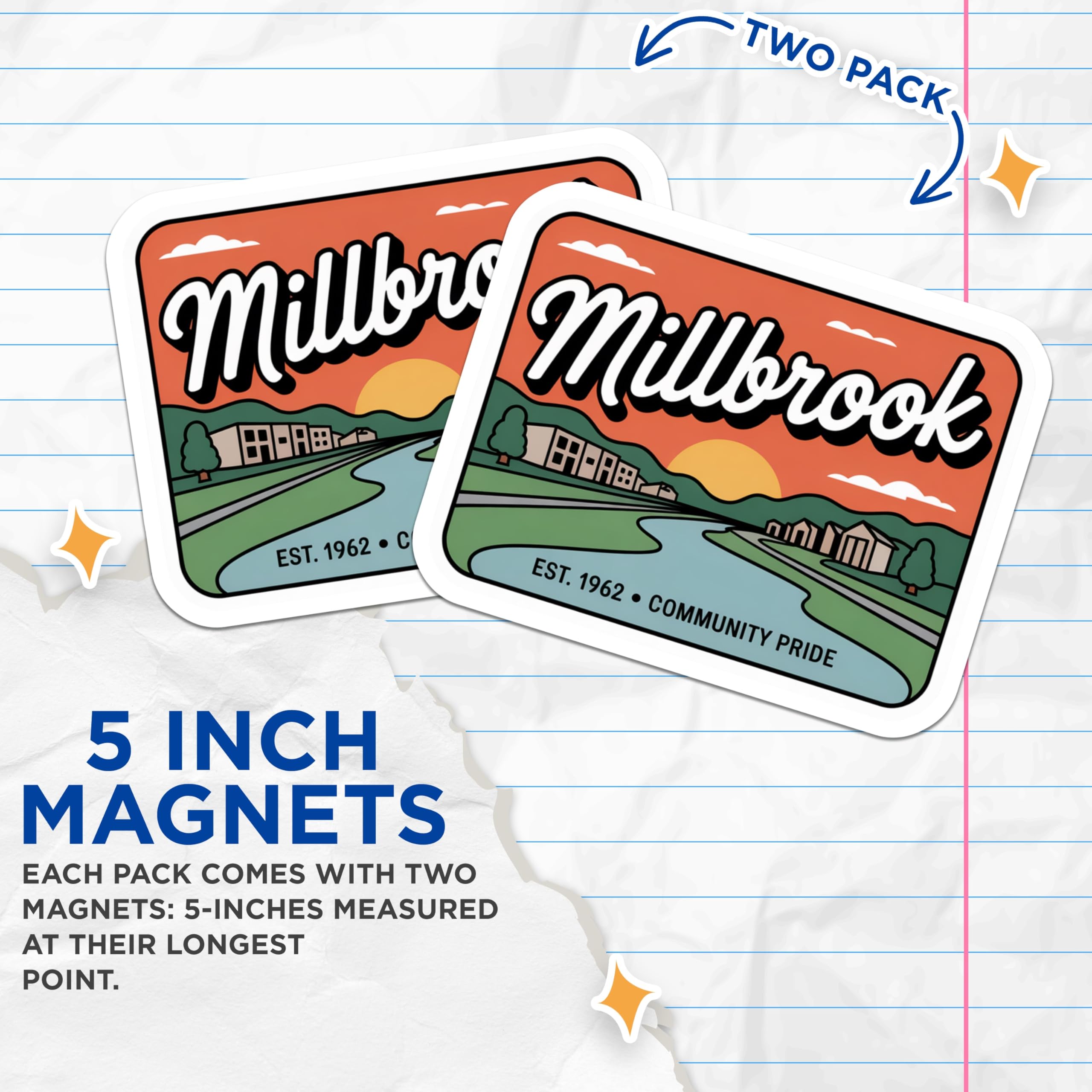 (2 Pack) Millbrook Magnets - Est 1962 Community Pride - Retro Village Life Art - Scenic River Town Decor - 5 Inches On Longest Side - Thick Durable Magnet - Made in USA - MAG19469