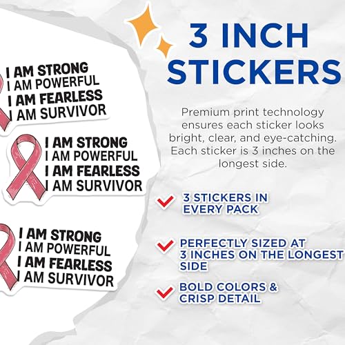 (3 Pack) Breast Cancer Decals - Survivor Ribbon Decal - Strong Powerful Fearless Decal - 3 Inches On Longest Side - Easy Peel & Apply - Made in USA - 3MCS4758