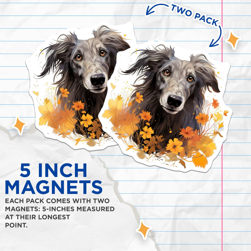 (2 Pack) Autumn Dog Magnets - Watercolor Sighthound Art - Fall Pet Lover Decor - 5 Inches On Longest Side - Thick Durable Magnet - Made in USA - MAG26770