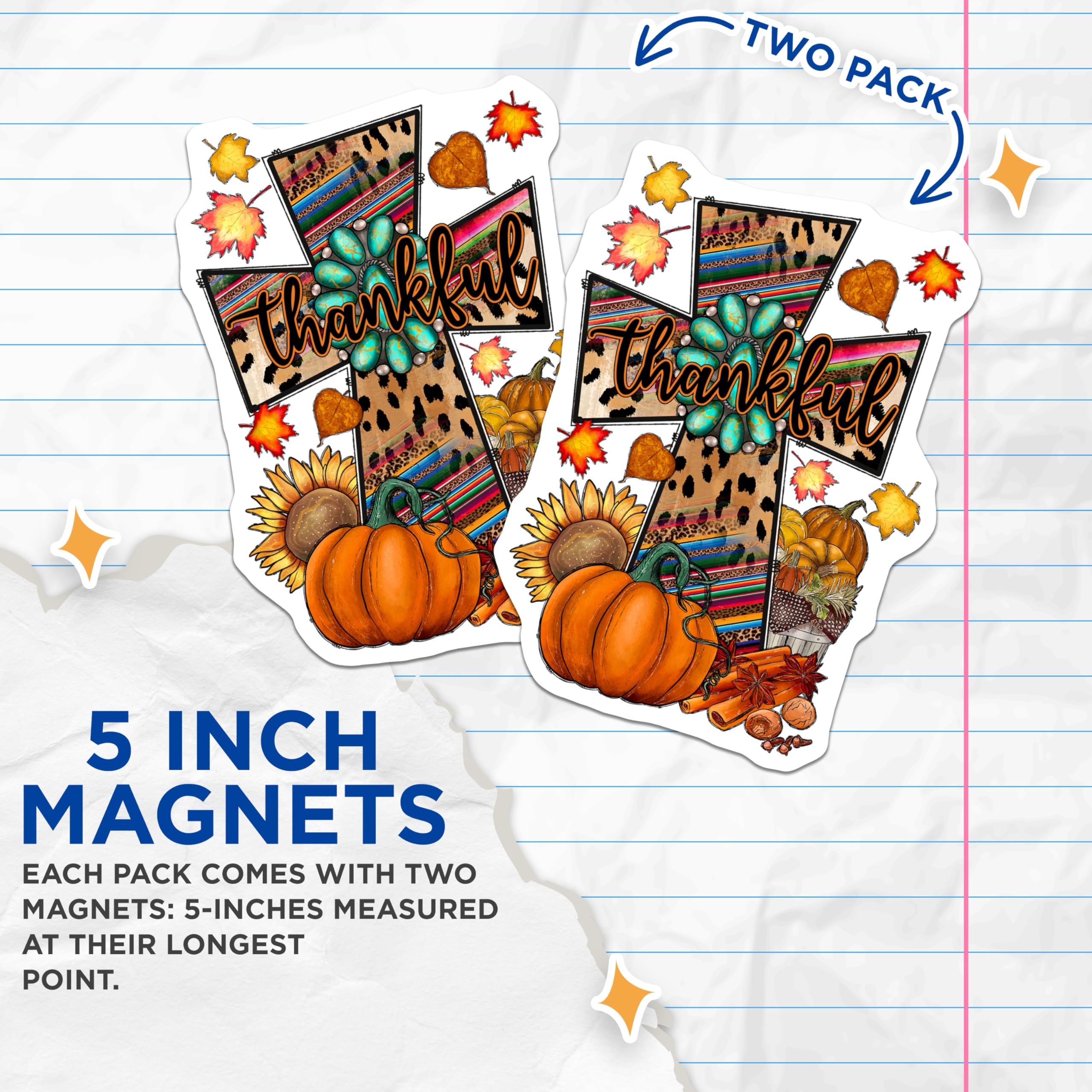 (2 Pack) Thankful Fall Magnets - Western Boho Cross - Autumn Pumpkin Decor - Farmhouse Refrigerator - 5 Inches On Longest Side - Thick Durable Magnet - Made in USA - MAG28604