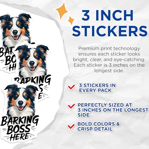 (3 Pack) Australian Shepherd Decals - Barking Boss Dog Breed Stickers - Laptop Decals - 3 Inches On Longest Side - Easy Peel & Apply - Made in USA - 3MCS2701
