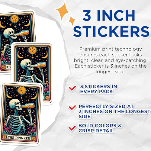 (3 Pack) The Drinker Decals - Skeleton Art Stickers - Tarot Card Decal for Laptop - 3 Inches On Longest Side - Easy Peel & Apply - Made in USA - 3MCS4163