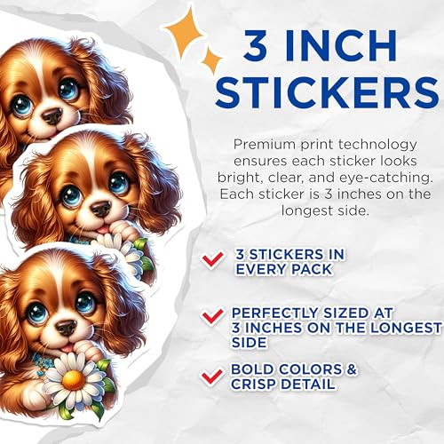 (3 Pack) Cavalier Spaniel Decals - Cute Puppy - Daisy Flower Laptop Decal - 3 Inches On Longest Side - Easy Peel & Apply - Made in USA - 3MCS8351