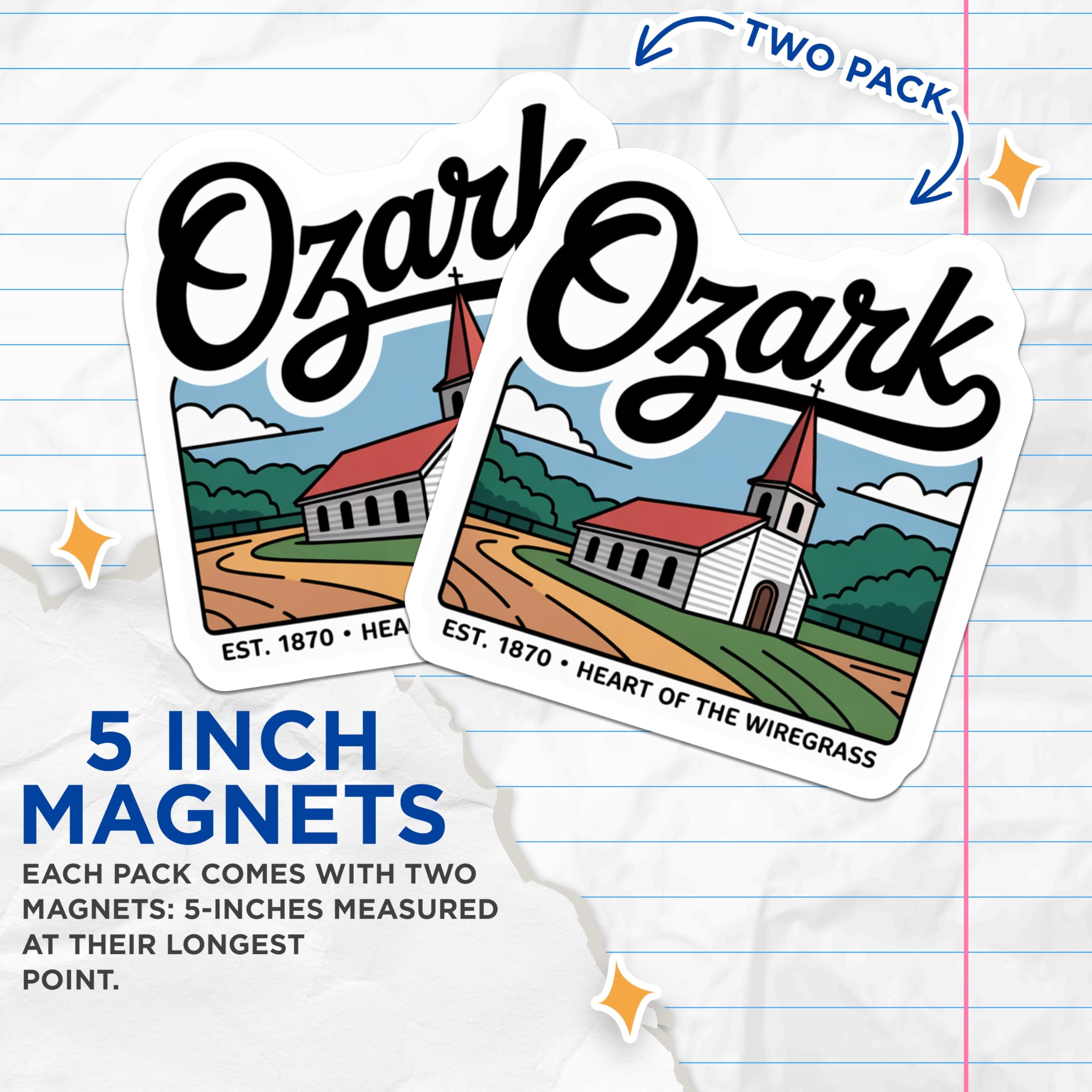 (2 Pack) Ozark Alabama Magnets - Heart of Wiregrass Landmark - Historic Church Est 1870 Refrigerator Souvenir - 5 Inches On Longest Side - Thick Durable Magnet - Made in USA - MAG19077