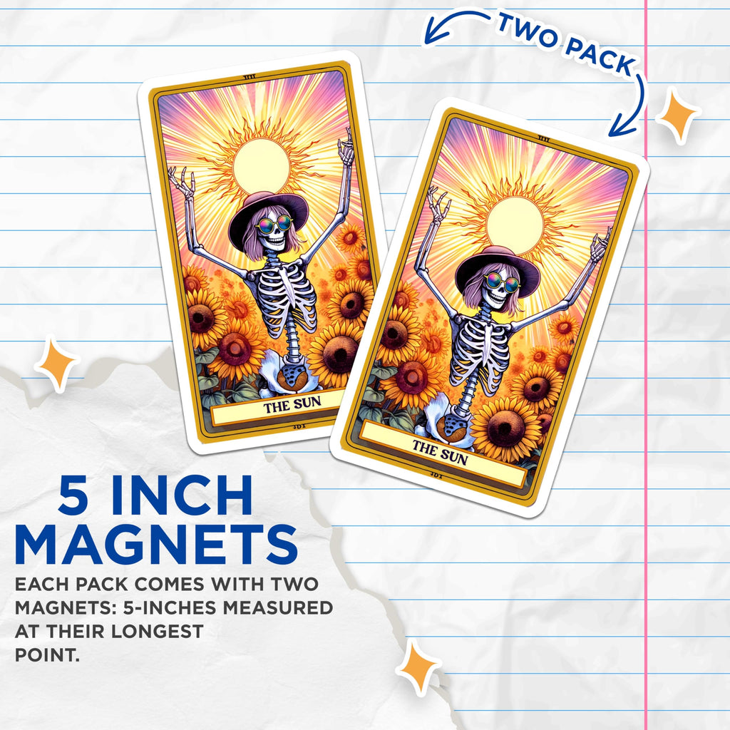 (2 Pack) The Sun Tarot Magnets - Skeleton Sunflower Art - Bohemian Home Decor - 5 Inches On Longest Side - Thick Durable Magnet - Made in USA - MAG30114