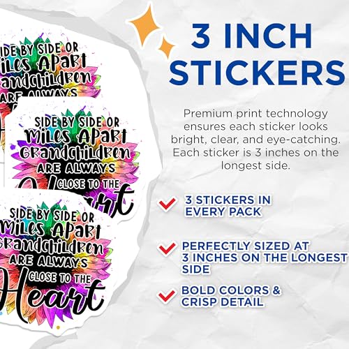 (3 Pack) Grandchildren Heart Decals - Colorful Sunflower - Laptop Decals - 3 Inches On Longest Side - Easy Peel & Apply - Made in USA - 3MCS4547