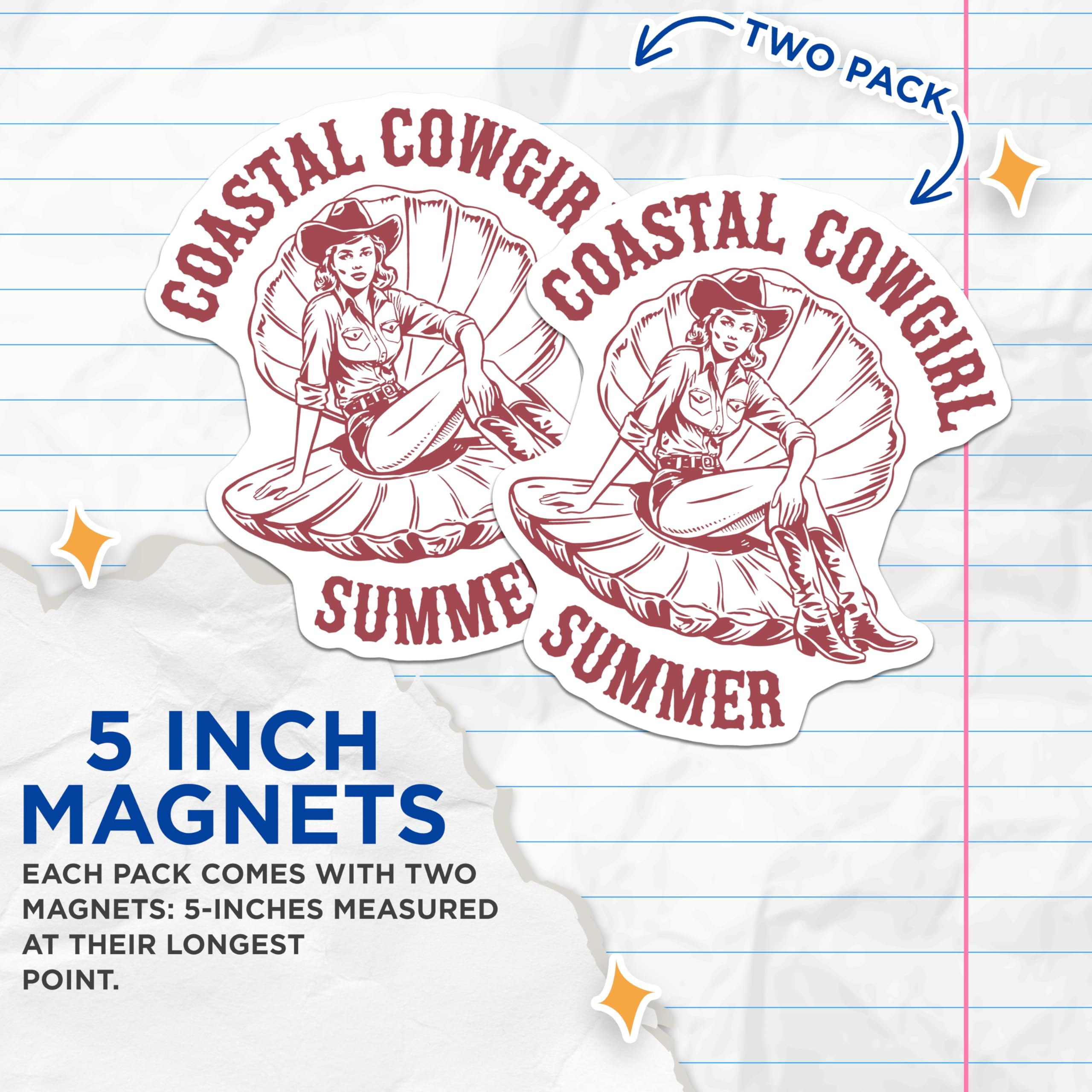 (2 Pack) Coastal Cowgirl Magnets - Pin Up Beach Summer Decor - Western Style Refrigerator Locker Kitchen Magnets - 5 Inches On Longest Side - Thick Durable Magnet - Made in USA - MAG19191